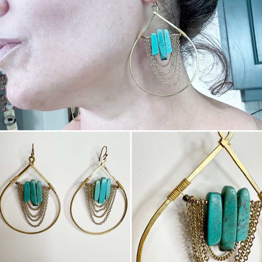 Betsy & Iya |‎ Gold Tone Dangle Earrings w/ Turquoise Stones + Chain Details